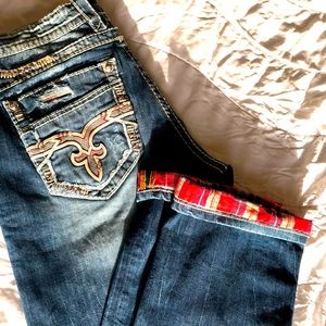 🔥ROCK REVIVAL🔥MEN’S 38 REGULAR🔥DISTRESSED DENIM WITH RED PLAID ACCENTS🔥